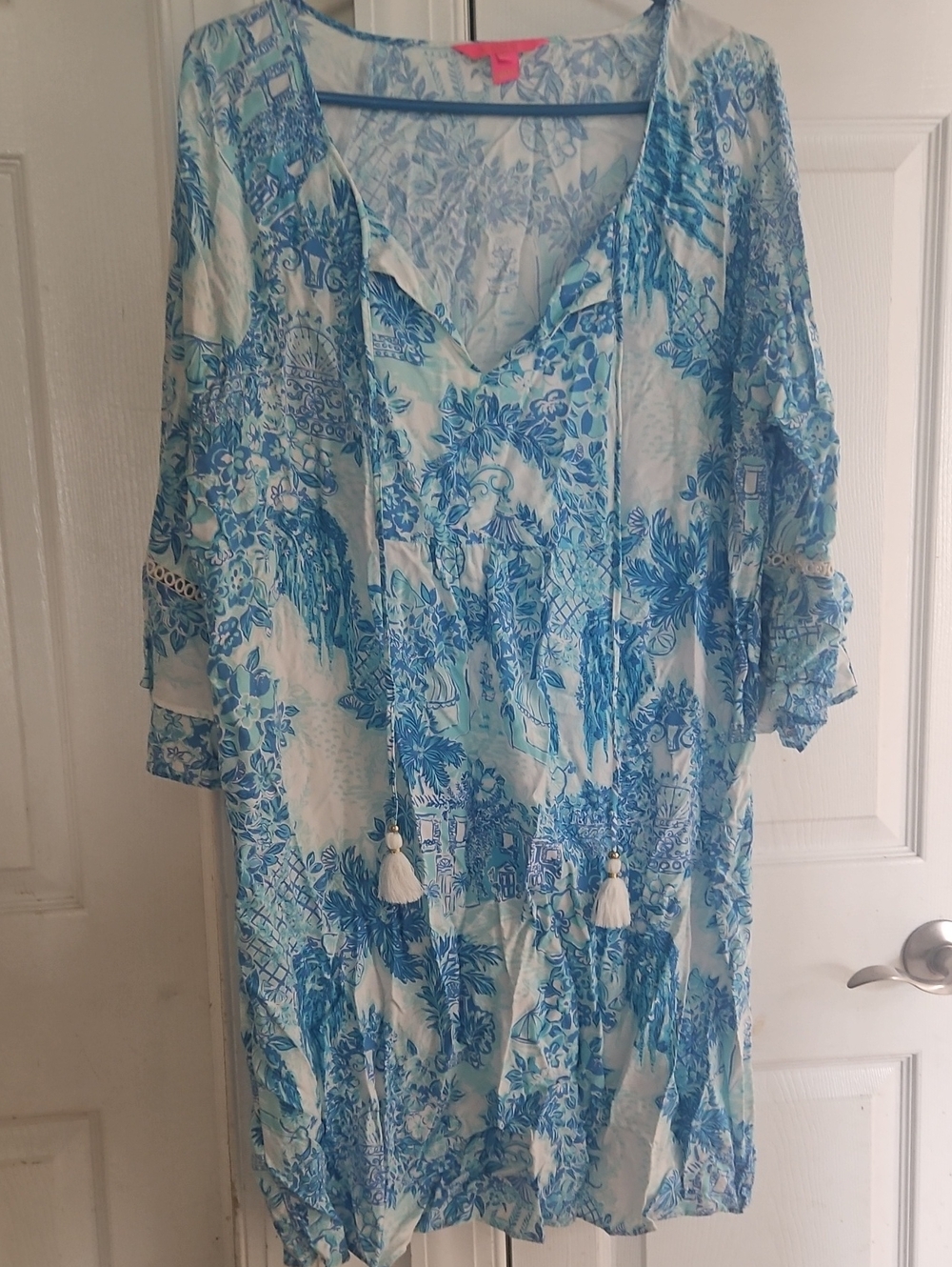 Lilly Pulitzer Blue & White Floral Midi Dress with Tassel Ties